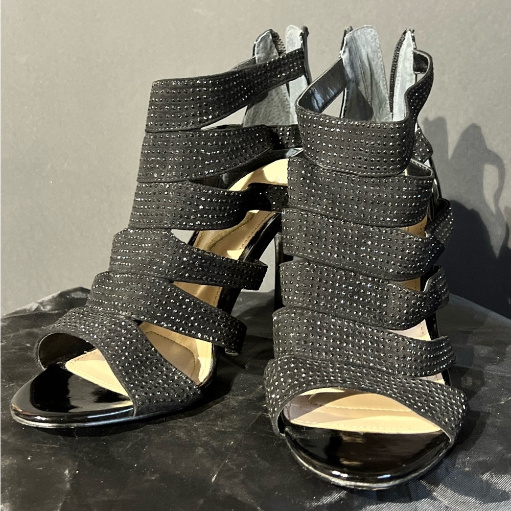 Nina 8.5 Black Sparkly Zip Up Heels